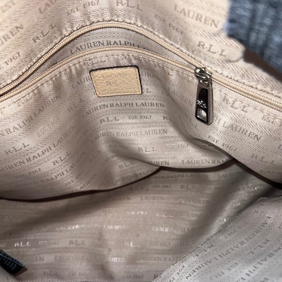 Lauren Ralph Lauren Floral Satchel Handbag Tan White Leather Accents - Picture 12 of 13